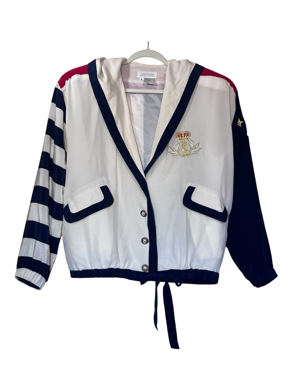 Vintage Sunny Leigh Silk Nautical Hooded Jacket Womens M Sailor 90s